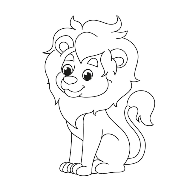 Premium vector a cute lion cub sits children s cartoon coloring black and white vector illustration of a big african lion animal character for coloring fun