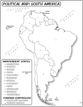 Coloring book page south america political map by the human imprint