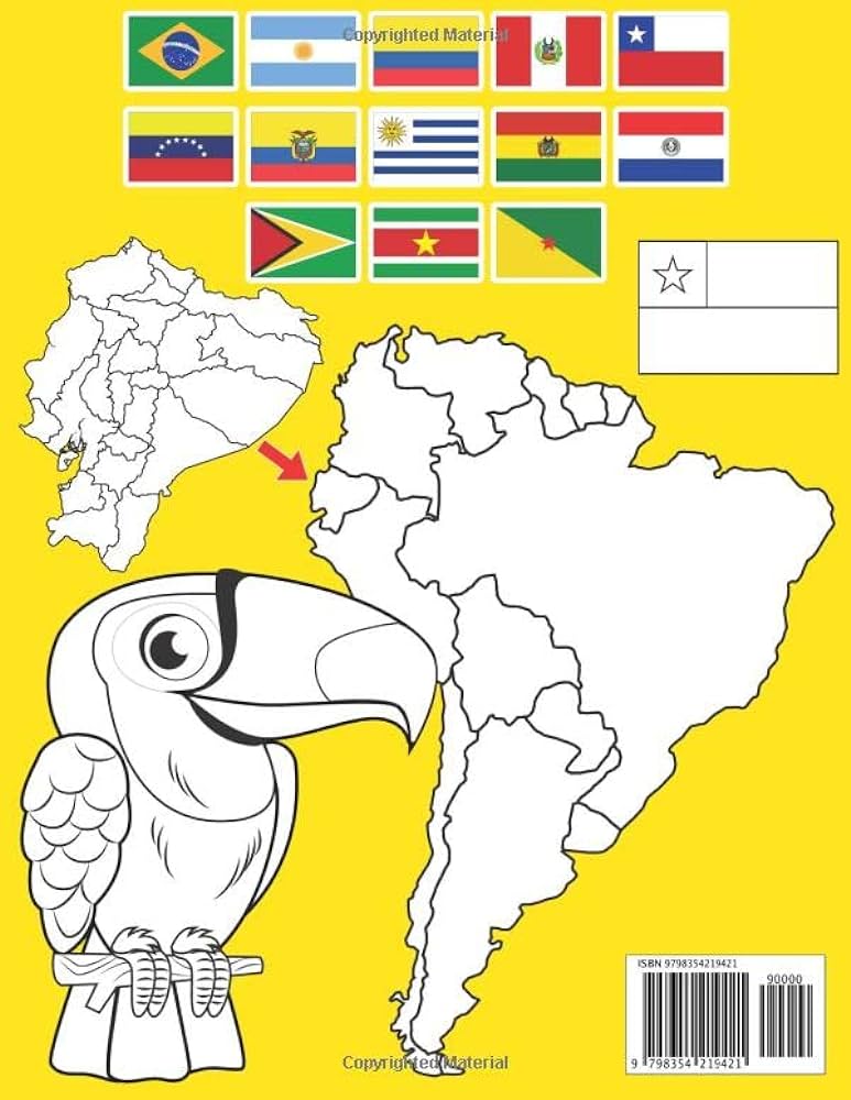 South america geography coloring book blank map with its countries states flags and animals of south america and information cecatto calebe books