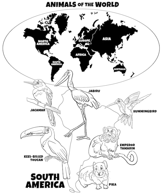 Premium vector cartoon south american animals and world map coloring book page