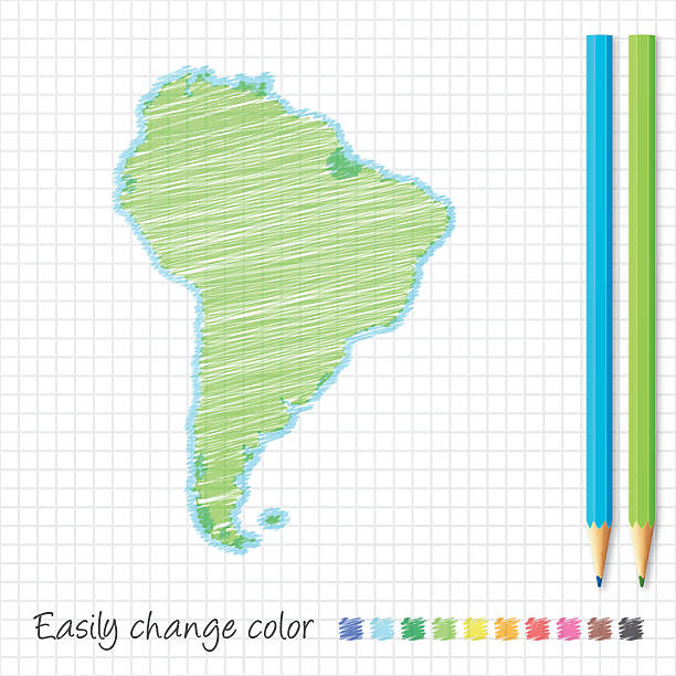 South america map sketch with color pencils on grid paper stock illustration