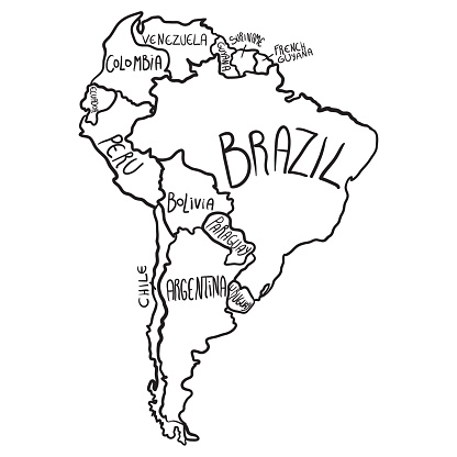 Cartoon hand drawn south america map stock illustration