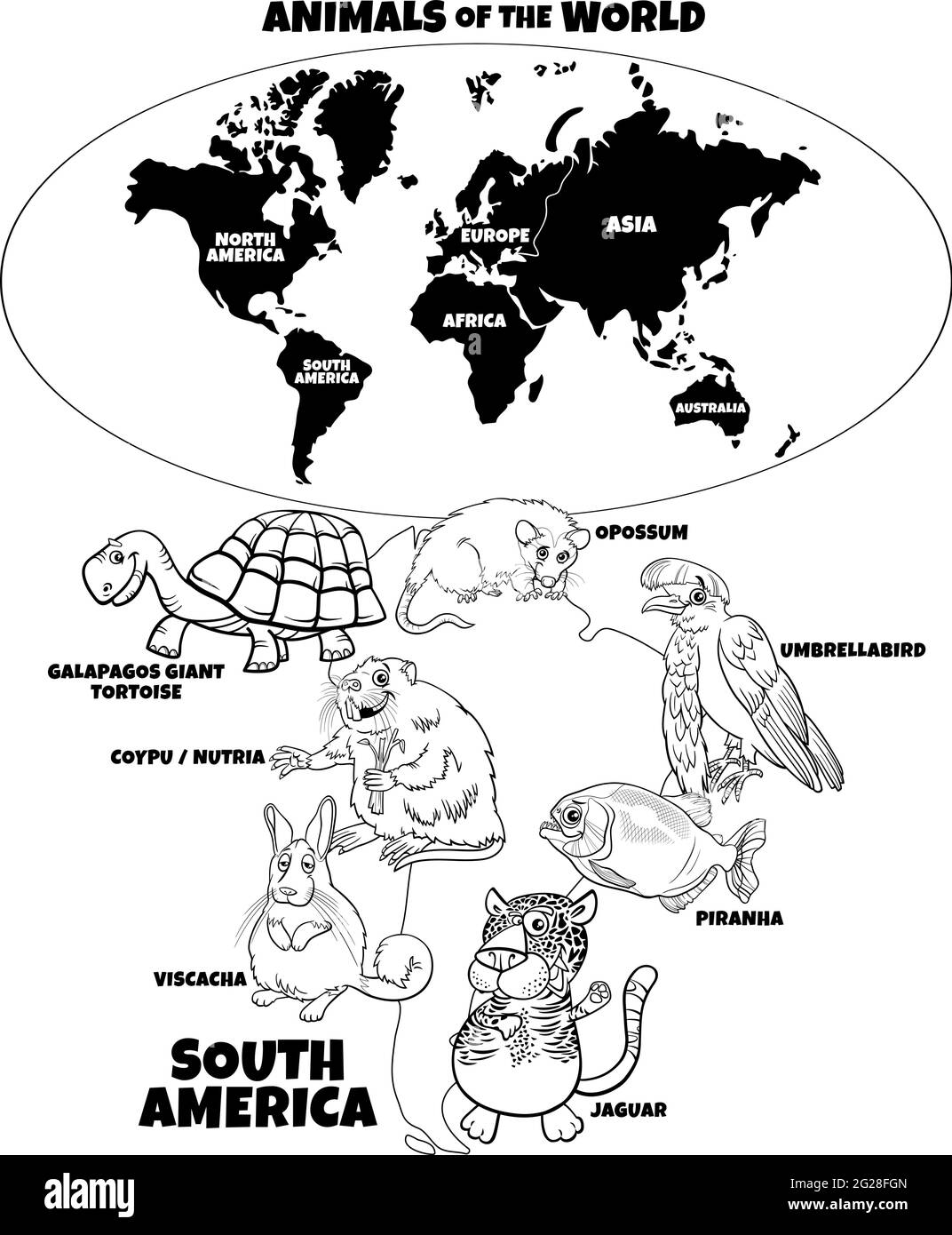 Black and white educational cartoon illustration of south american animal species and world map with continents coloring book page stock vector image art