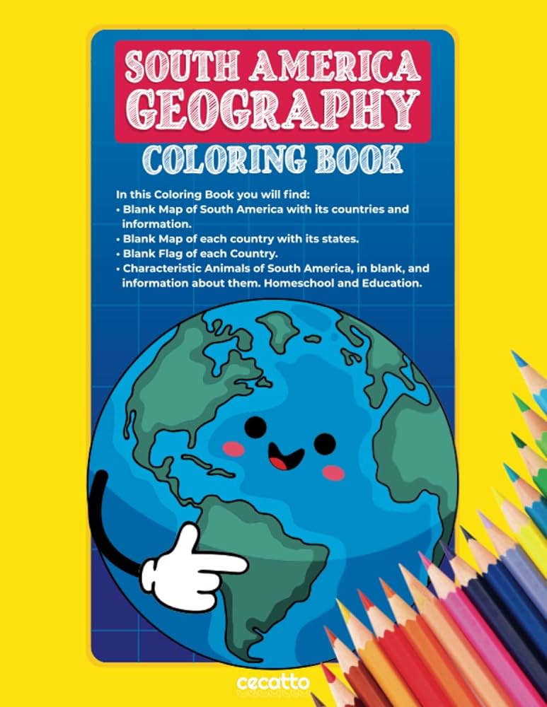 South america geography coloring book blank map with its countries states flags and animals of south america and information cecatto calebe books