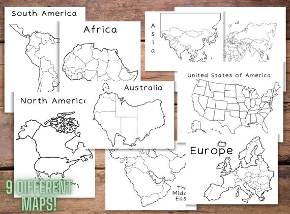 World map giant coloring pages bundle countries of the world continents work sheet africa map asia map australia map south america instant download