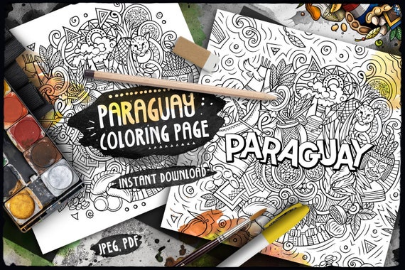 Paraguay digital coloring page south america adult coloring latin american country doodle illustration printable coloring sheet download