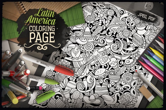 Latin america digital coloring page latinamerican doodle adult coloring printable coloring sheet cartoon illustration digital download