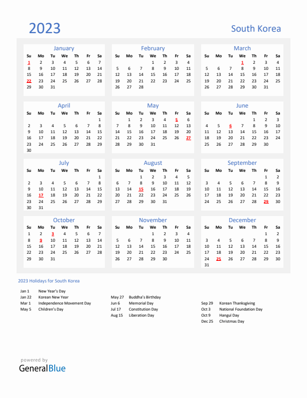 South korea calendar with holidays