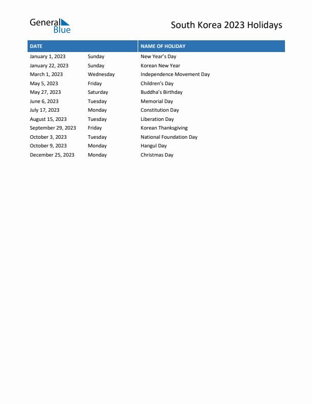 South korea list of holidays in pdf word and excel