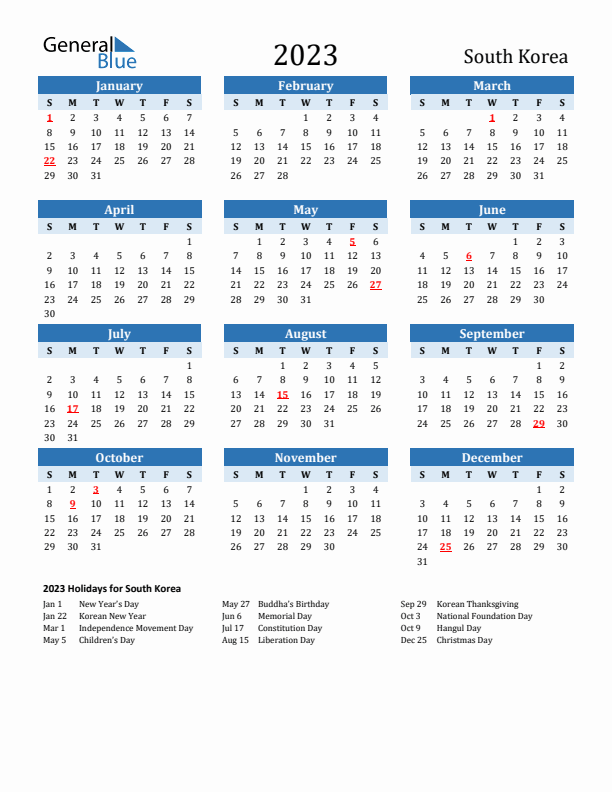 South korea calendar with holidays