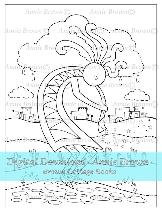 Native southwest coloring pueblo cactus printable download line art dance of the kokopelli by annie brown hand