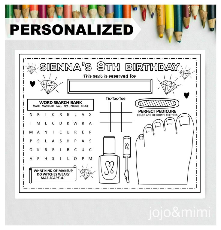 Personalized spa happy birthday printable placemat activity birthday coloring page girls birthday party placemat spa party manis pedis