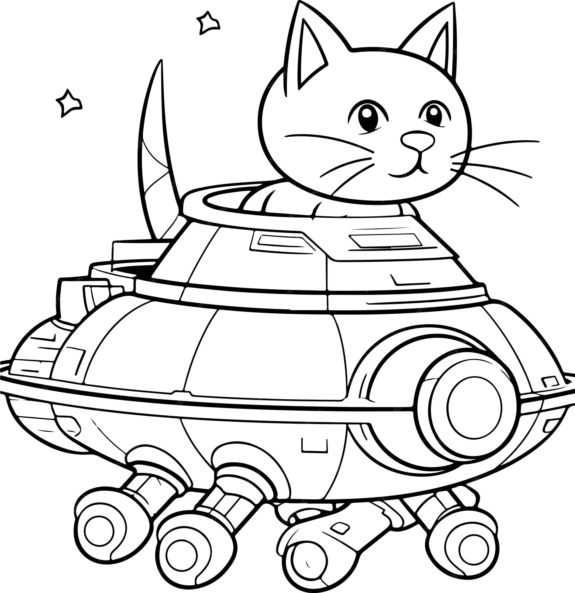 Premium vector cute cat in a space ship coloring page