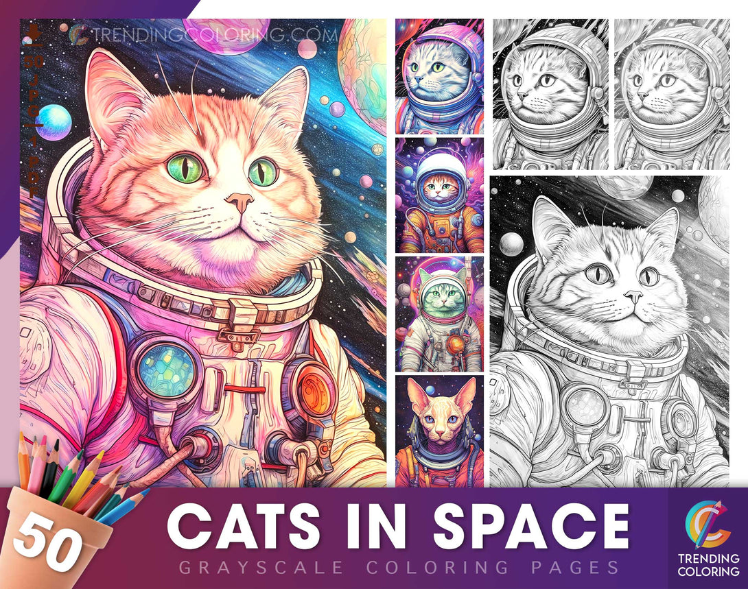 Cat in space grayscale coloring pages