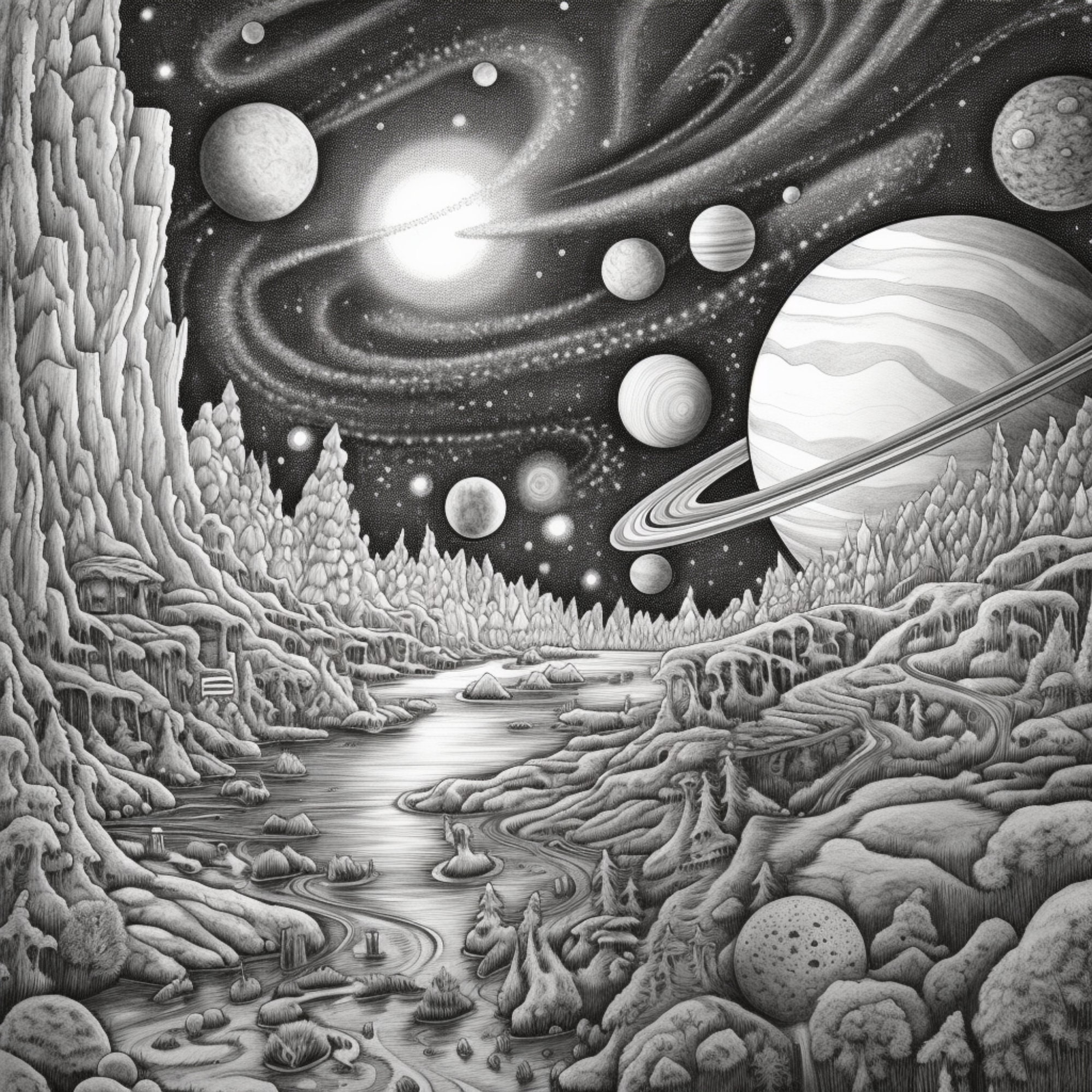 Printable trippy outer space coloring pages for kids and adults digital download pdf