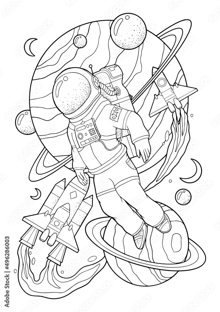Coloring pages for kids of astronauts in outer space vector