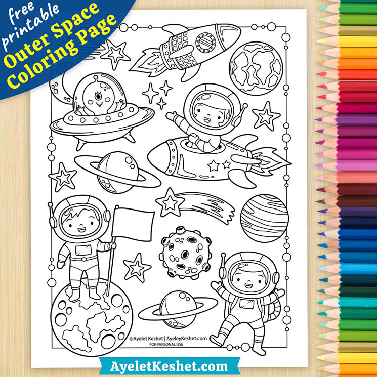 Outer space coloring page for kids free printable