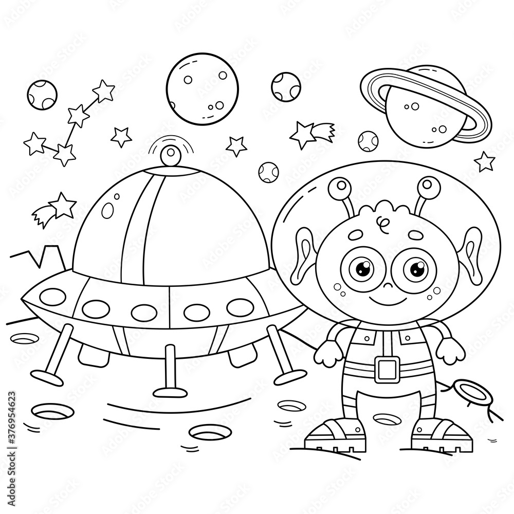 Coloring page outline of a cartoon alien with a flying saucer on a planet in space coloring book for kids vector