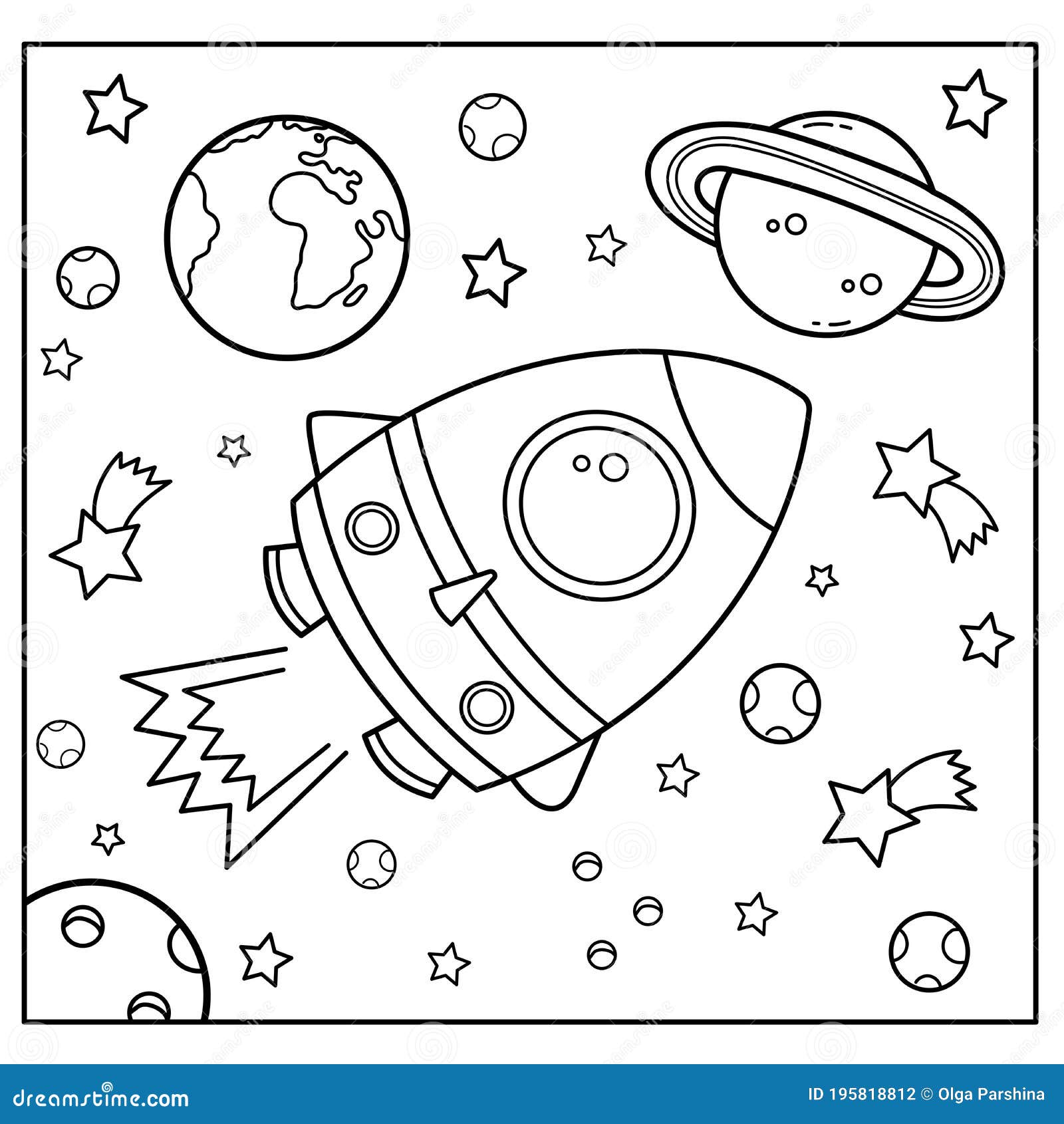 Coloring page outline of a cartoon rocket in space coloring book for kids stock vector