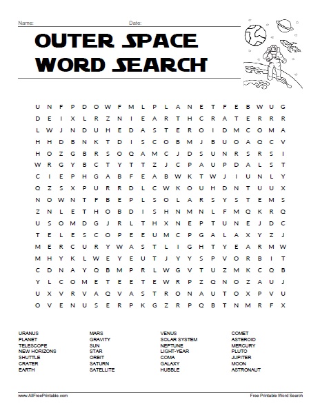 Outer space word search â free printable