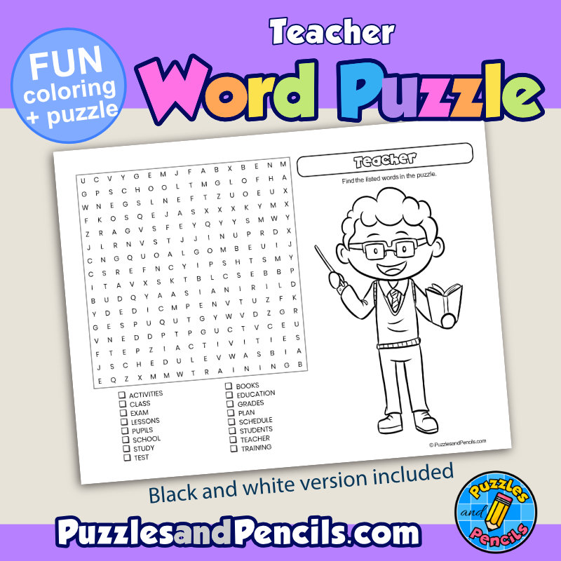 Teacher word search puzzle activity page with coloring career exploration made by teachers