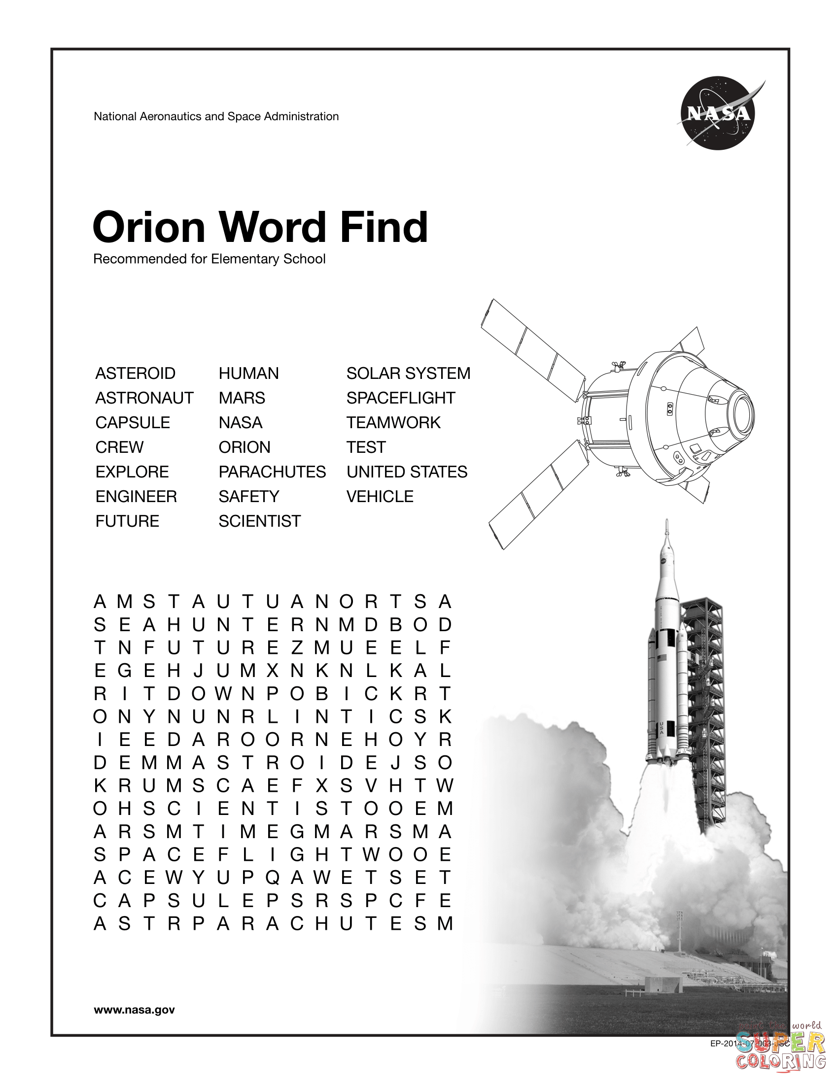 Orion spacecraft elementary word find coloring page free printable coloring pages