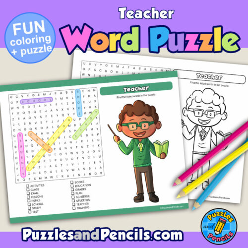 Teacher word search puzzle activity page with coloring career exploration made by teachers