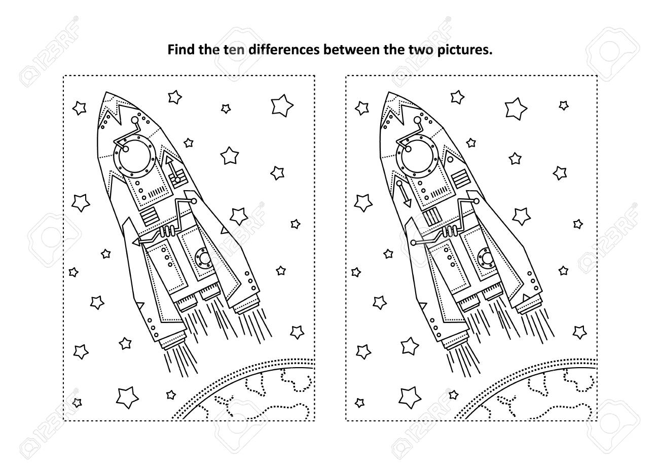 Space exploration themed find the ten differences picture puzzle and coloring page with rocket or spaceship earth and stars royalty free svg cliparts vectors and stock illustration image