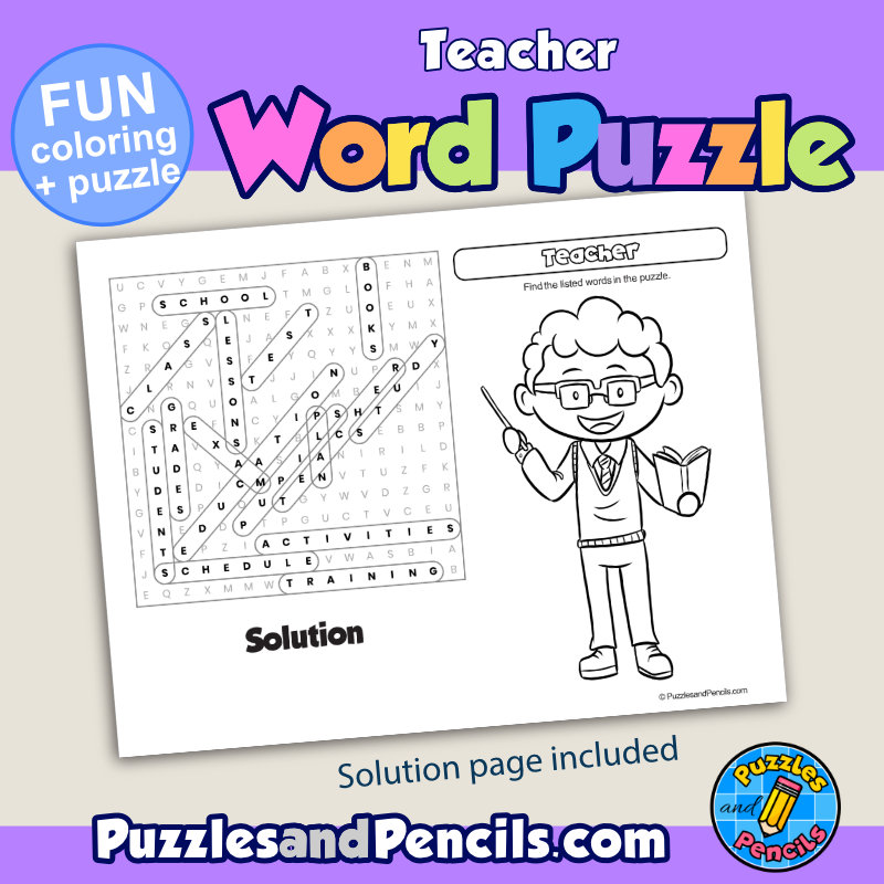 Teacher word search puzzle activity page with coloring career exploration made by teachers