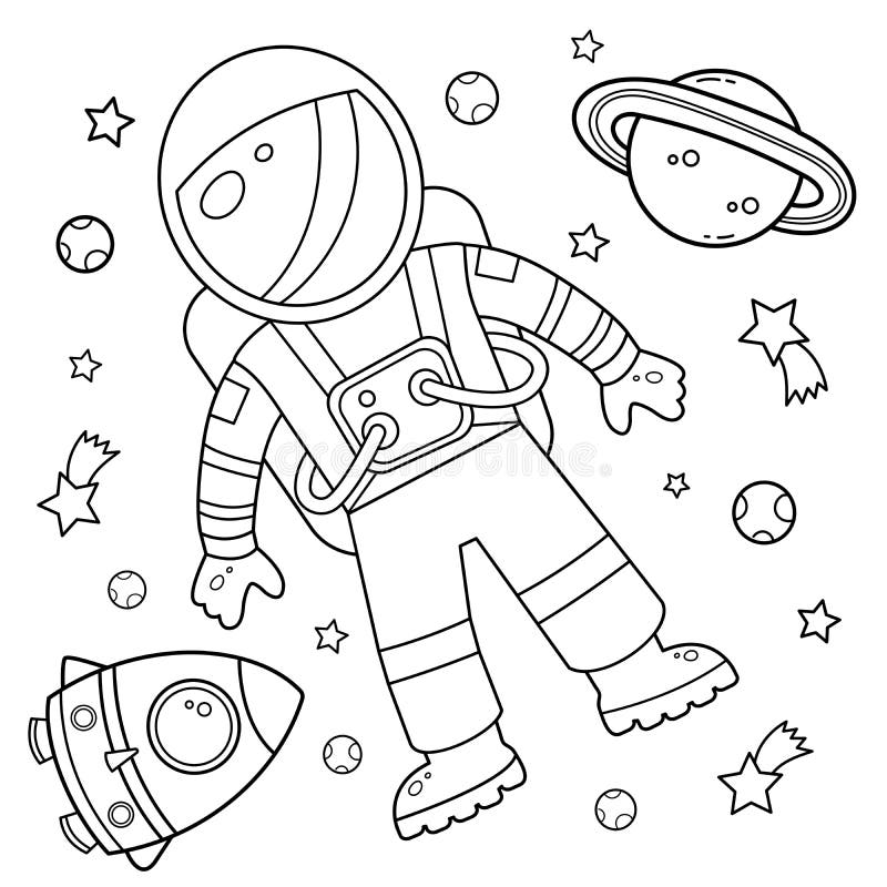 Coloring page outline of a cartoon rocket with astronaut in space coloring book for kids stock vector