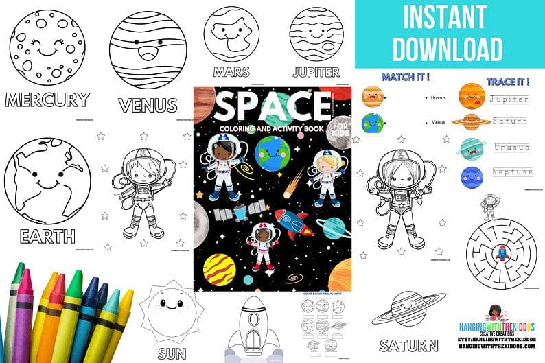 Outer space fun activity coloring book space coloring sheets printable for kids instant download space activity coloring pages â hanging with the kiddos