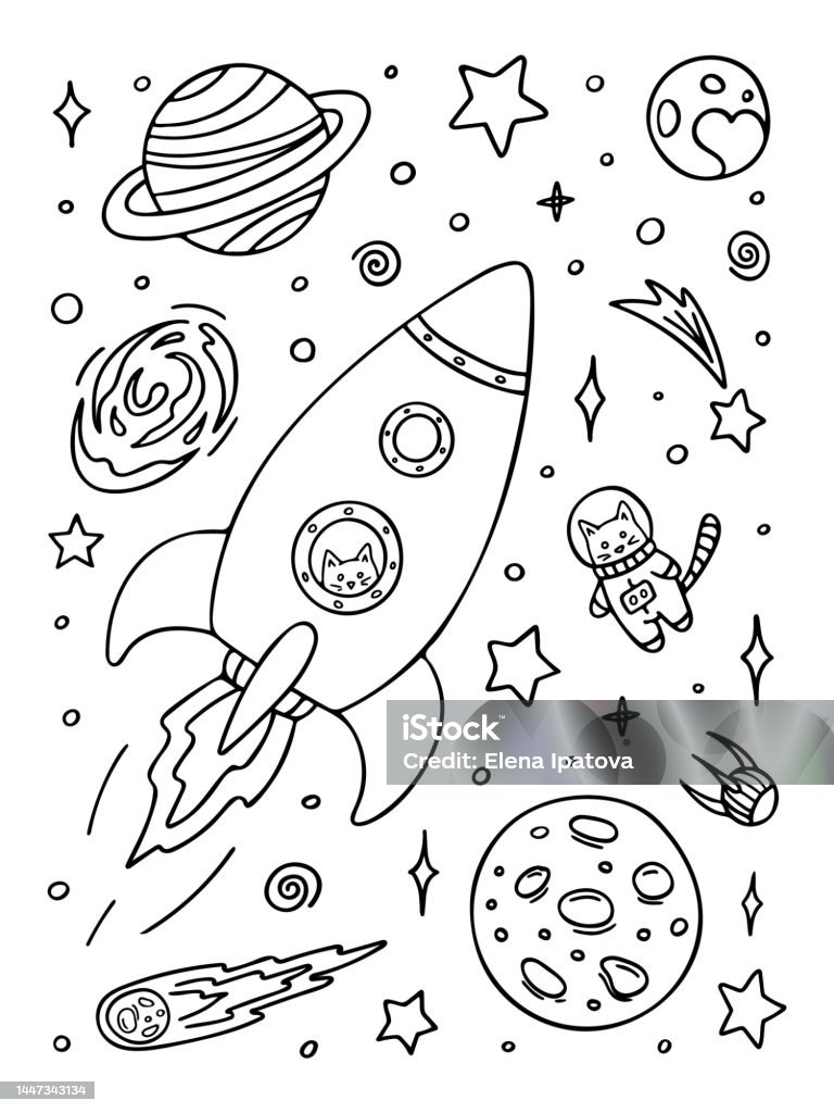 Coloring page with rocket cat astrinaut in space stock illustration