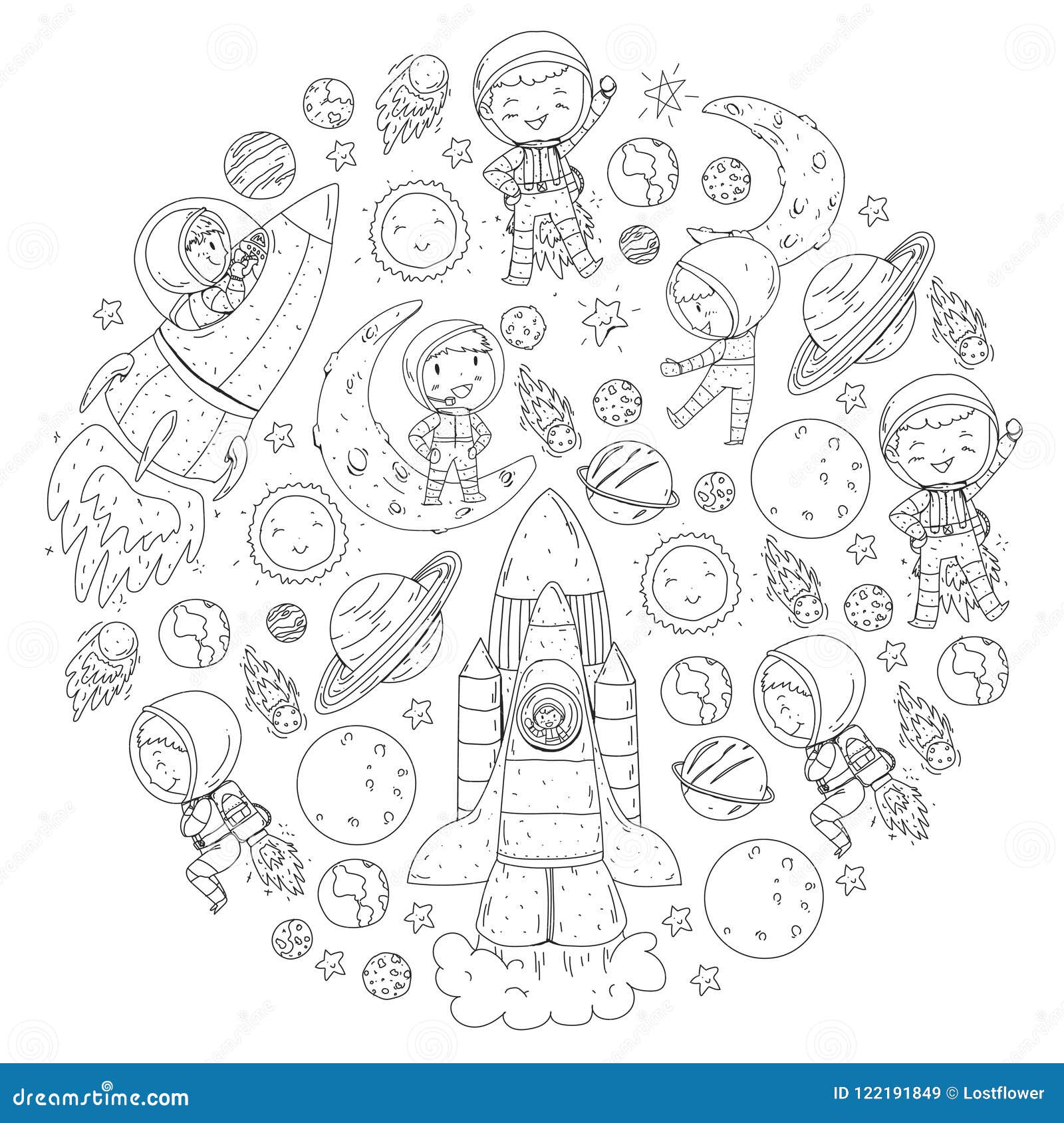 Space for children coloring page book kids and cosmos exploration adventures planets stars earth and moon rocket stock vector