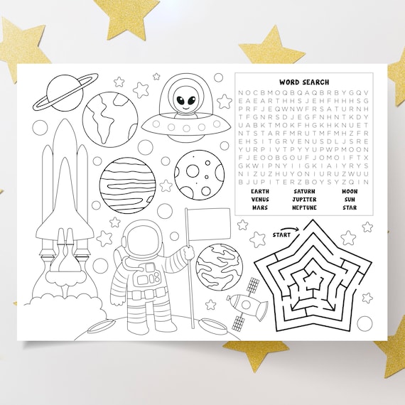 Space coloring page space activity page digital printable space coloring page for kids