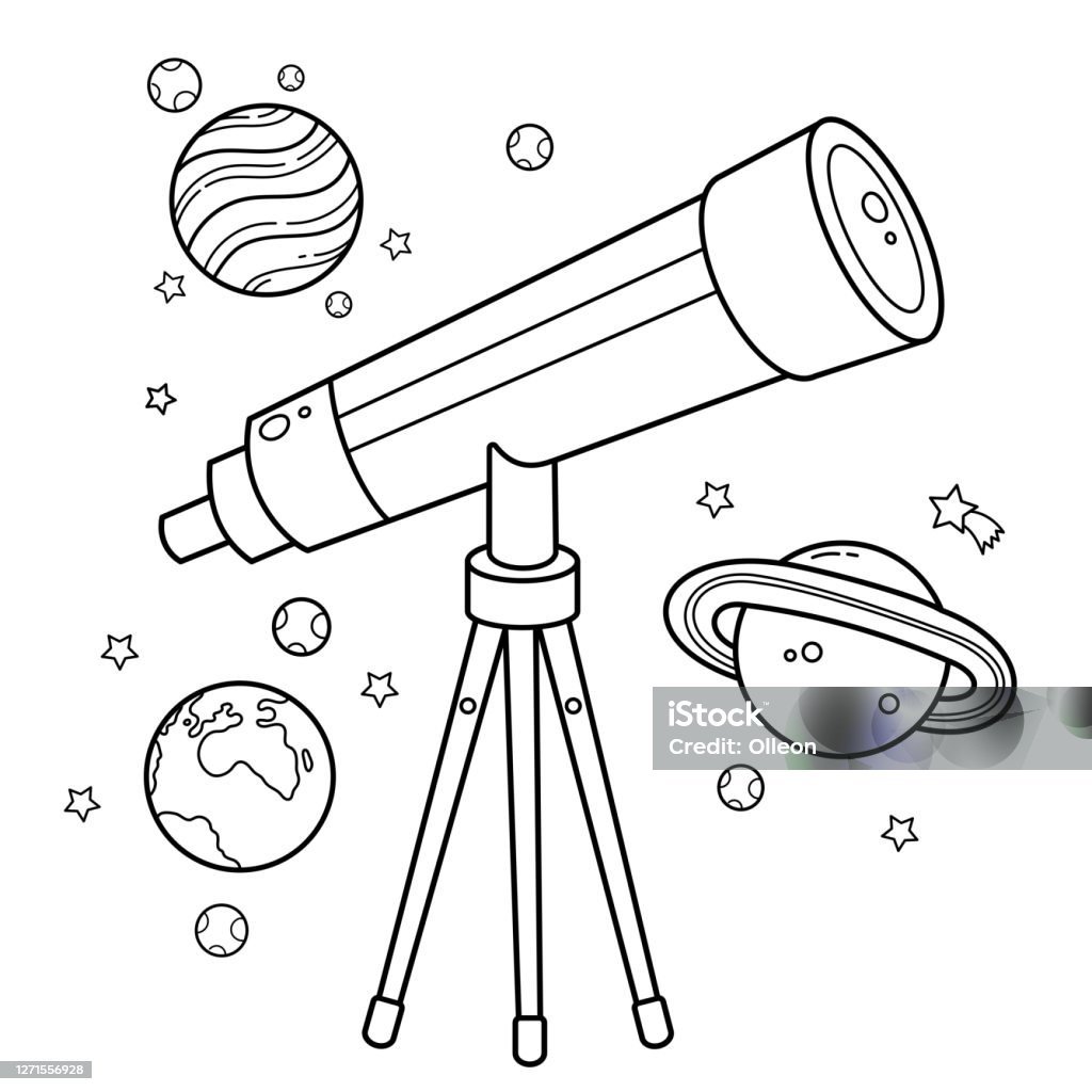 Coloring page outline of a cartoon telescope with stars and planets space and astronomy coloring book for kids stock illustration