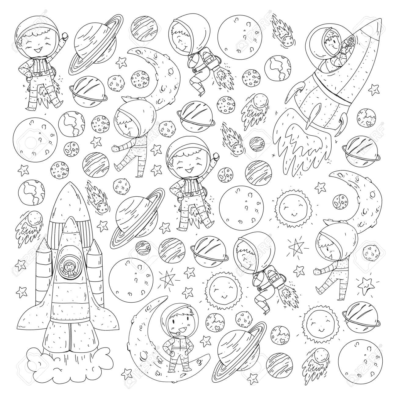 Space for children coloring page book kids and cosmos exploration adventures planets stars earth and moon rocket shuttle sun stock photo picture and royalty free image image