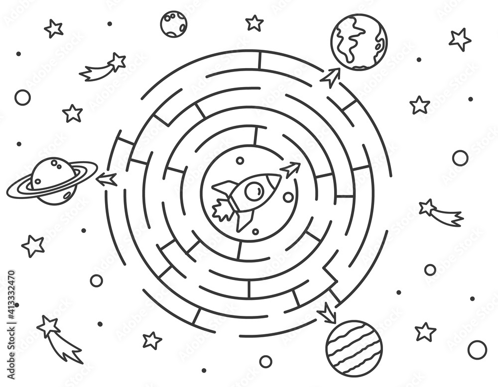 Space maze puzzle or labyrinth game for kids coloring page with tangled road outline cartoon rocket