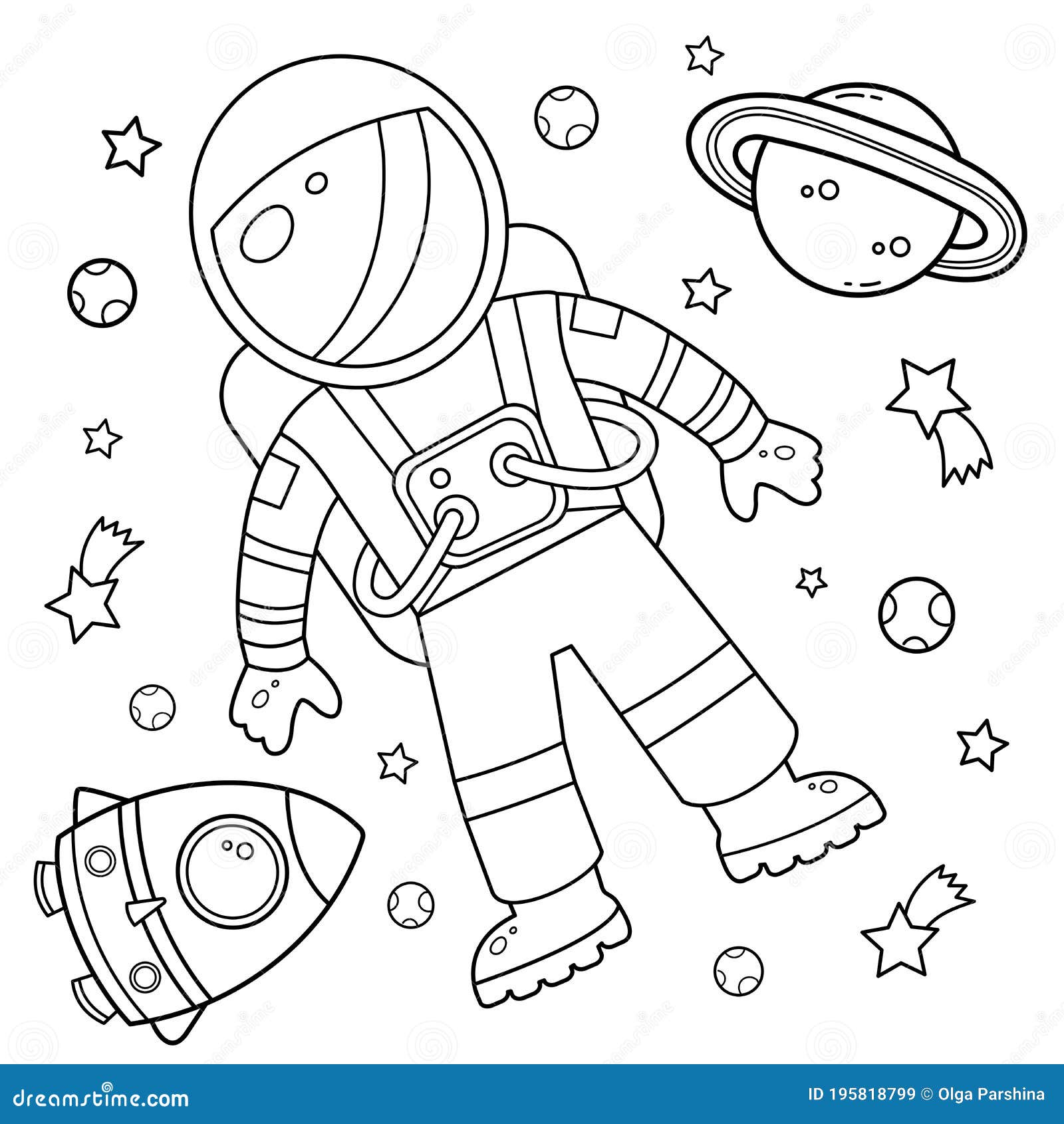 Coloring page outline of a cartoon rocket with astronaut in space coloring book for kids stock vector