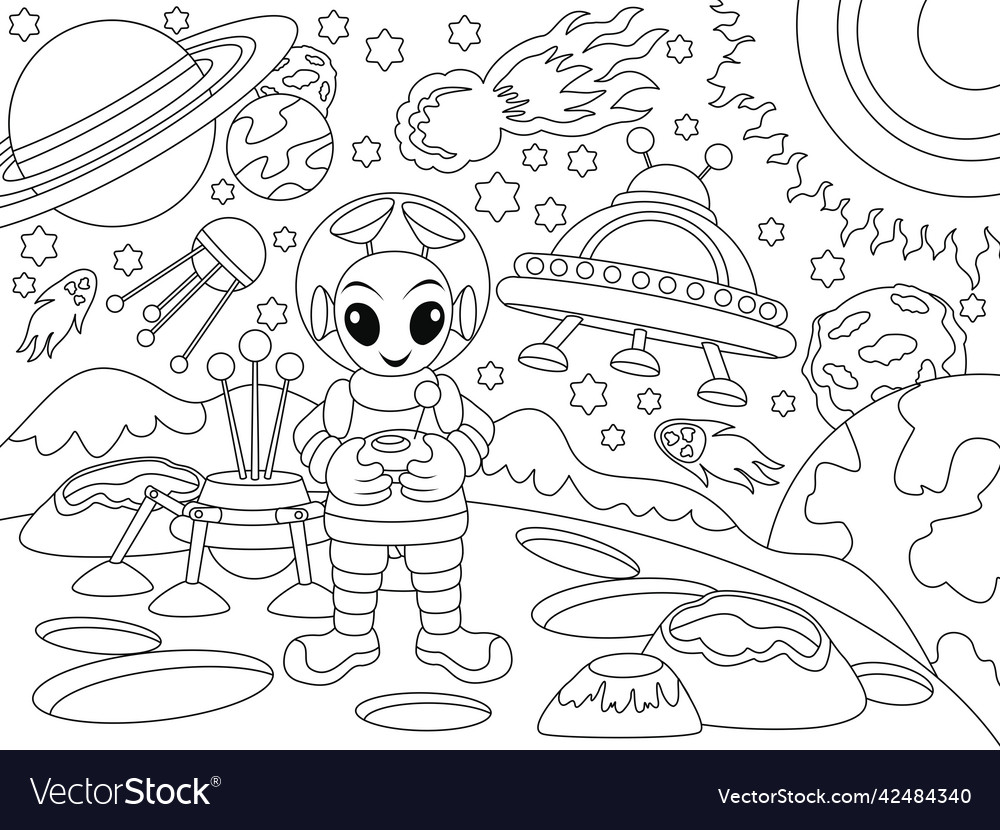 Children coloring book alien on mars space world vector image