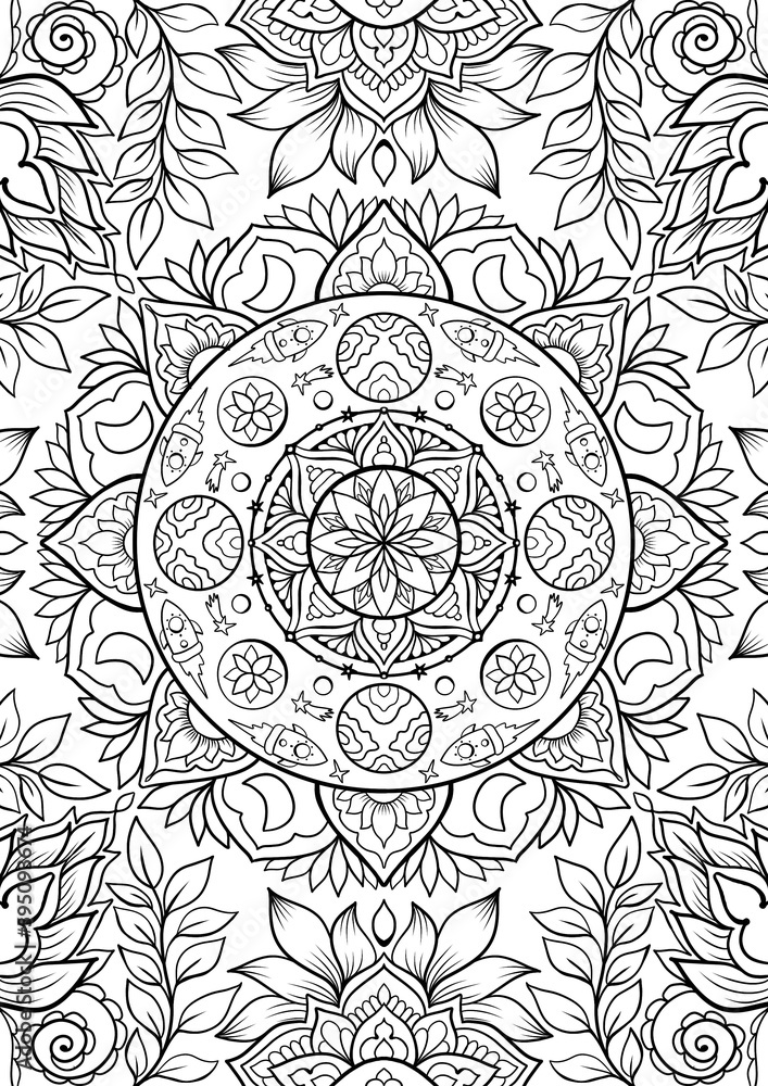 Celestial mandala adult coloring book page abstract ornate mandala with space elements rockets stars planets and moon illustration