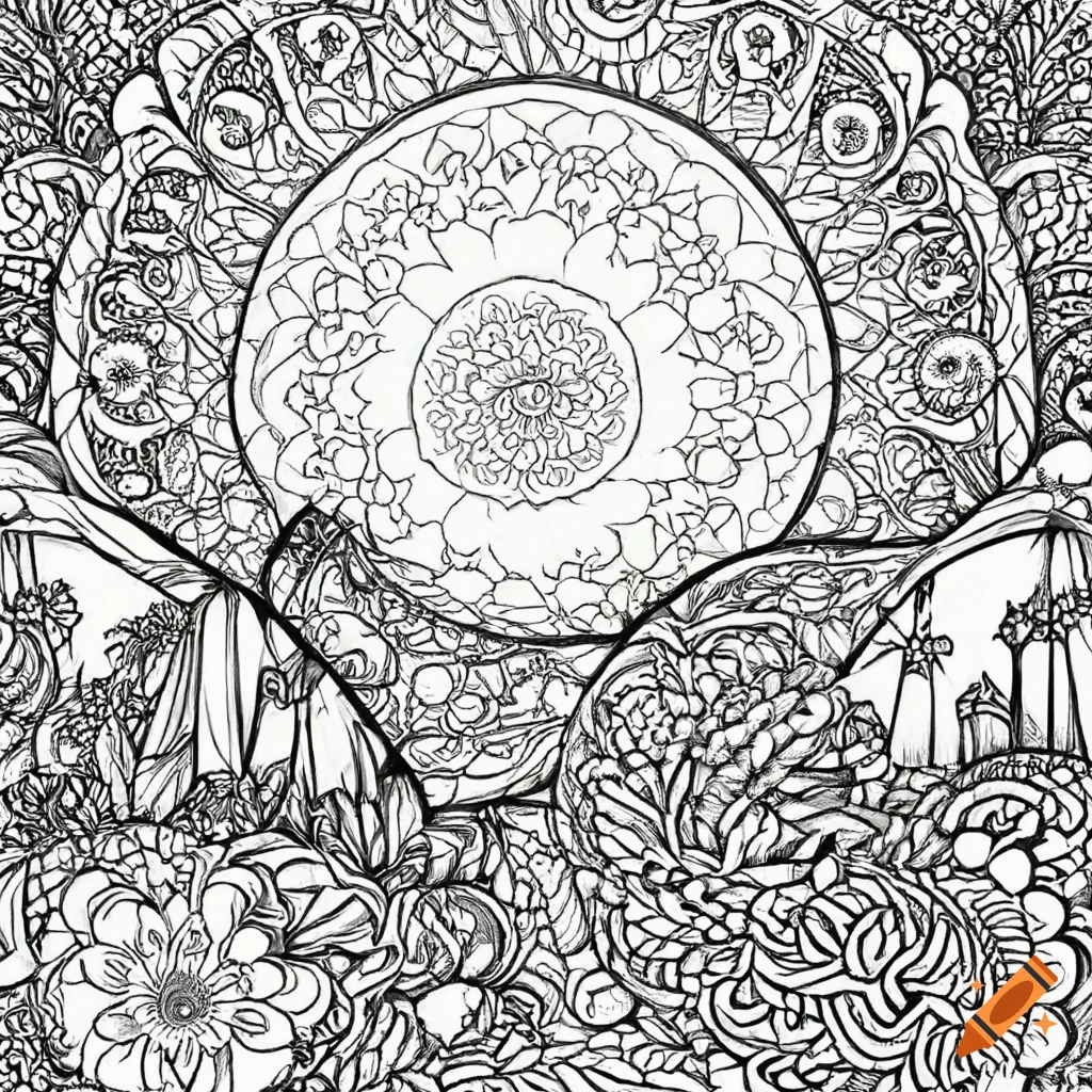 Black and white coloring book page of a landscape loosely inspired by mandalas crisp lines use of negative space on