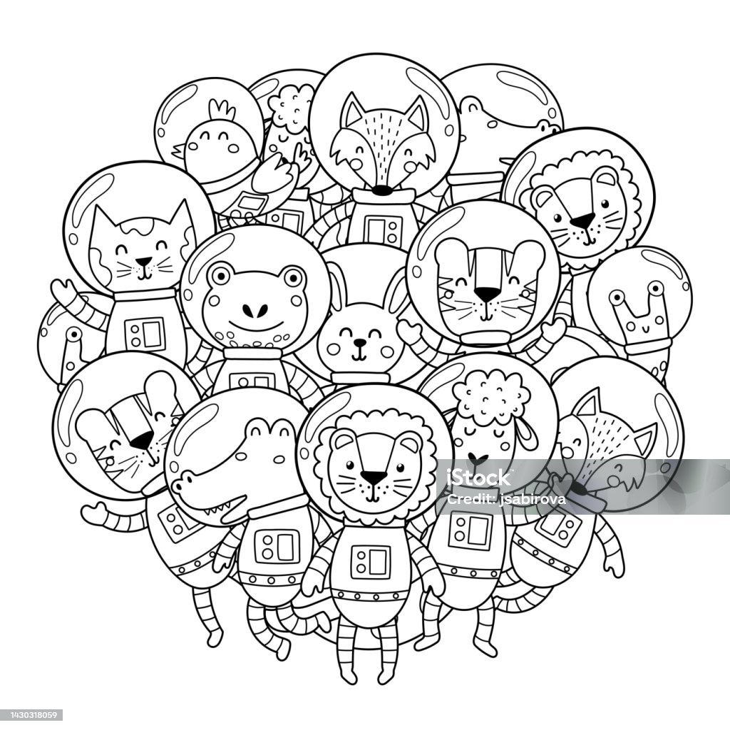 Space animals circle shape pattern for coloring book cute animals astronauts stock illustration