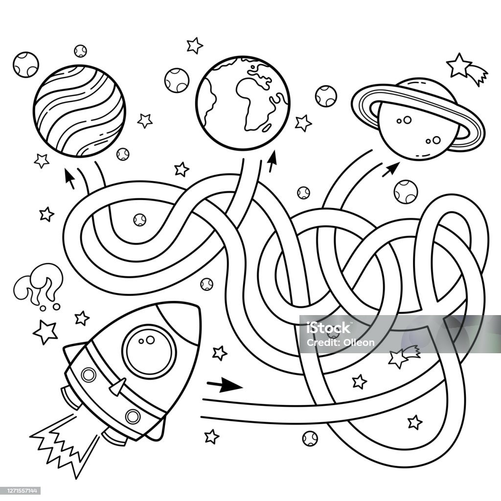 Maze or labyrinth game for preschool children puzzle tangled road coloring page outline of cartoon rocket in space coloring book for kids stock illustration