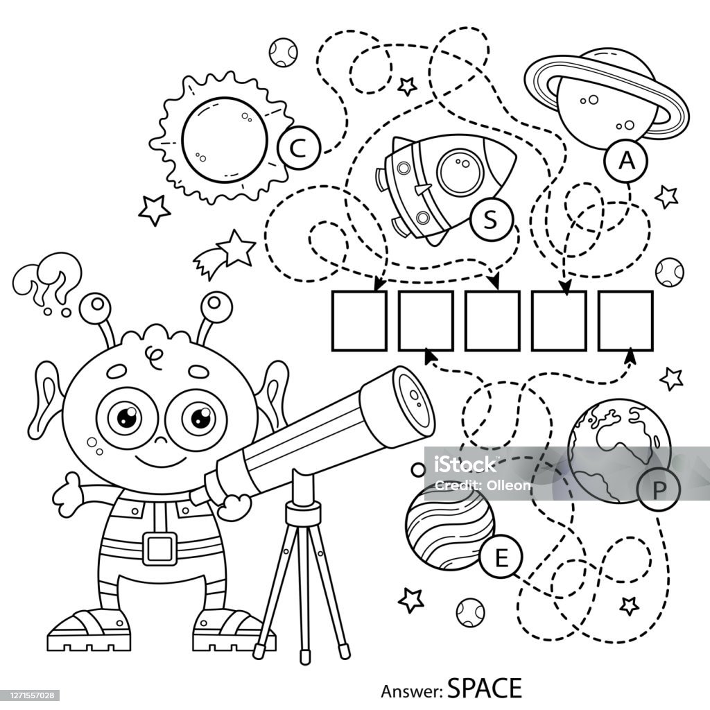 Maze or labyrinth game for preschool children puzzle tangled road coloring page outline of cartoon alien with telescope space coloring book for kids stock illustration