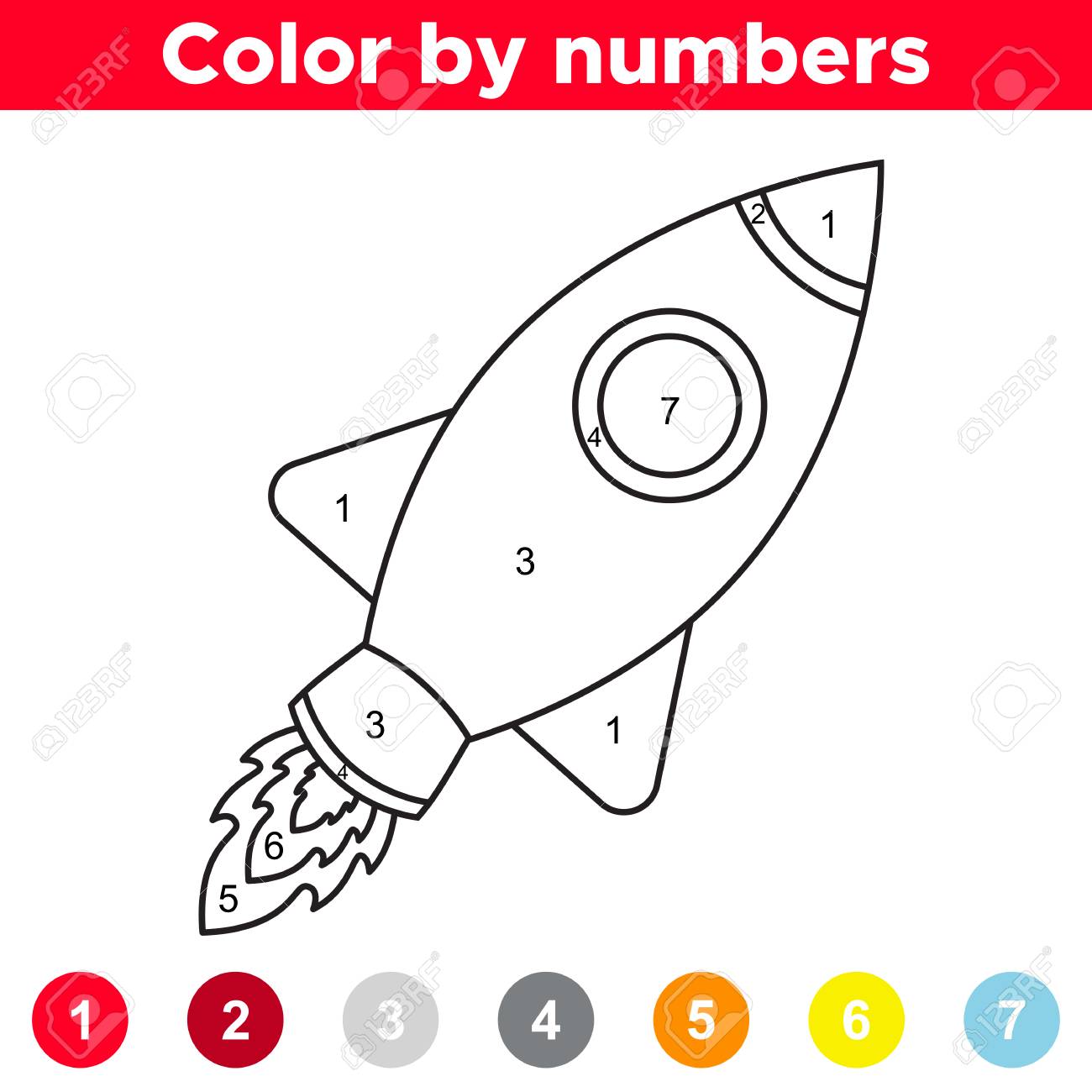 Color by number for preschool and school kids coloring page with cartoon rocket space theme vector illustration royalty free svg cliparts vectors and stock illustration image