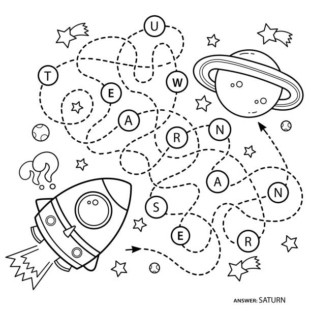 Maze or labyrinth game for preschool children puzzle tangled road coloring page outline of cartoon rocket in space coloring book for kids stock illustration