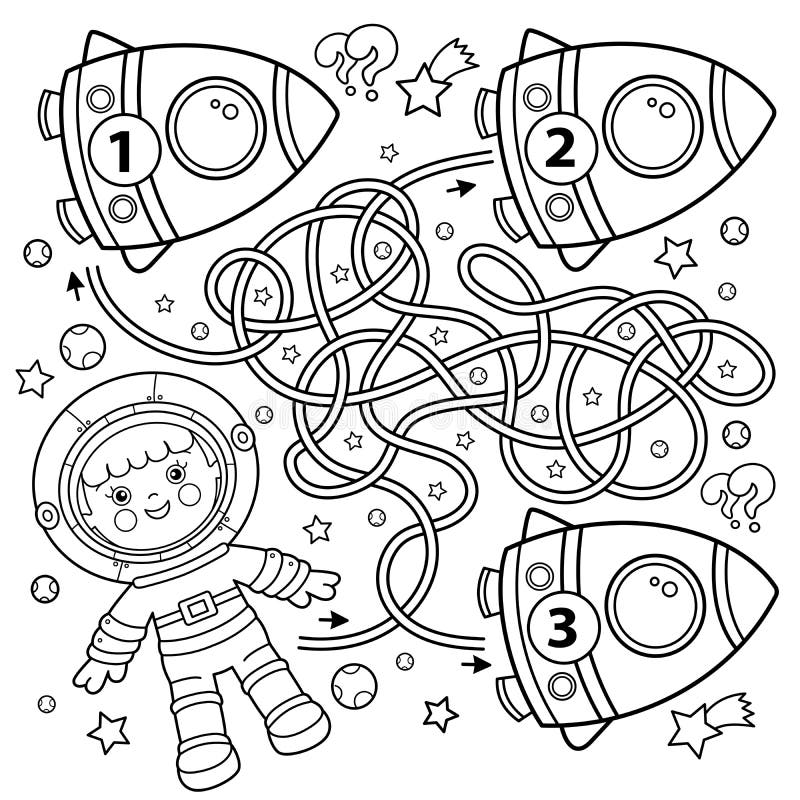 Maze or labyrinth game puzzle coloring page outline of cartoon astronaut with rocket in space little spaceman or cosmonaut stock vector