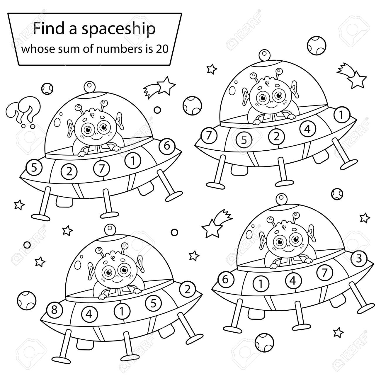 Find a spaceship whose sum of numbers is space puzzle game coloring page outline of a flying saucer with cartoon alien coloring book for kids royalty free svg cliparts vectors and