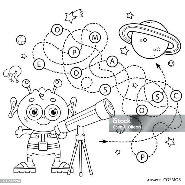 Maze or labyrinth game for preschool children puzzle tangled road coloring page outline of cartoon alien