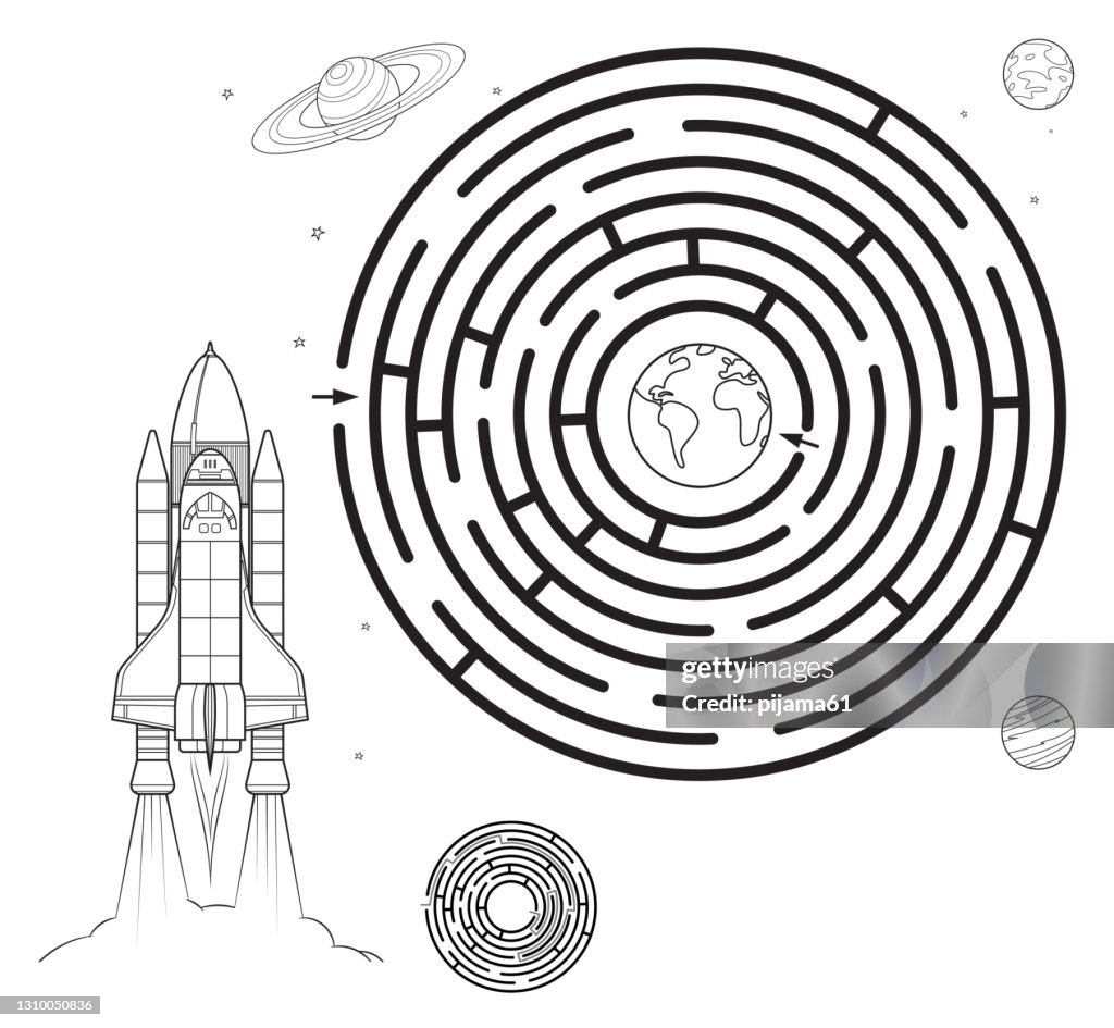 Black and white space maze puzzle or labyrinth game for kids coloring page with tangled road coloring book for kids high